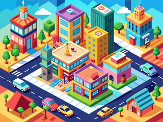 Vibrant isometric city scape vector with road and buildings