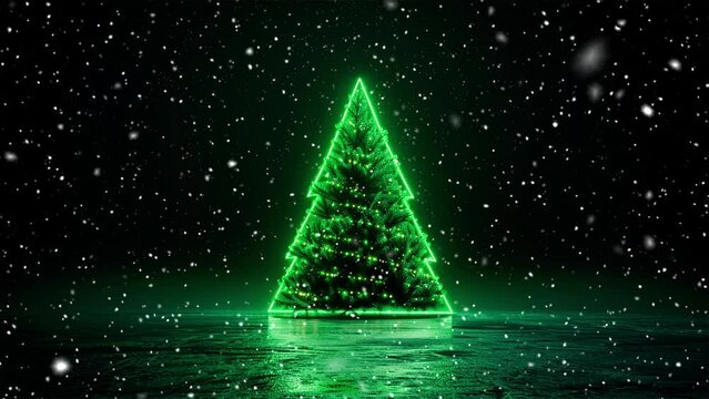 Neon Christmas tree. Falling snowflakes. Falling snowflakes effect. Looped snow. Minimalistic background. Neon. Minimalistic style. Generative AI.