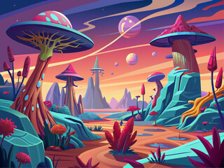 Otherworldly alien landscape with strange plants and creatures Illustration