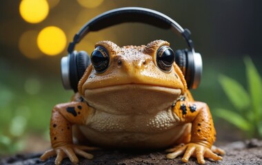 Amphibian frog with headphones and hat sitting on ground - Powered by Adobe