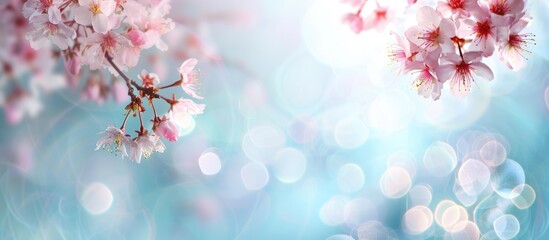 A pretty spring backdrop featuring pink blossoms on a cherry tree branch against a soft blue and pearly pastel background, - obrazy, fototapety, plakaty