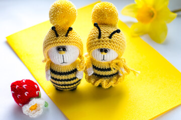 A knitted bee with a strawberry. Handmade toys, striped insects amigurumi boy and girl