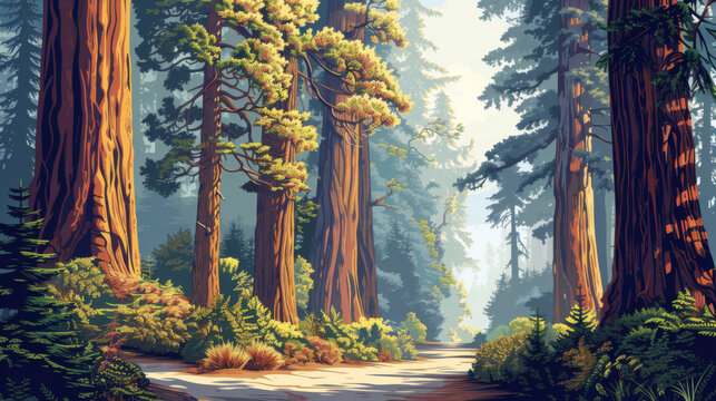 A serene forest scene with towering redwood trees, sun rays filtering through the foliage, and a clear forest path.