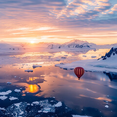 A hot air balloon is flying over a frozen ocean