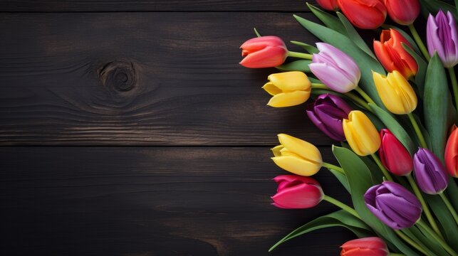 Blooming flowes spring background banner - Colorful tulips, on dark wooden table, top view