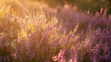 A field of bright purple heather in bloom, shot during the golden hour to enhance the natural colors with soft, warm lighting