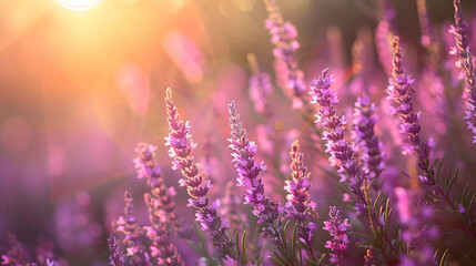 Fototapeta premium A field of bright purple heather in bloom, shot during the golden hour to enhance the natural colors with soft, warm lighting