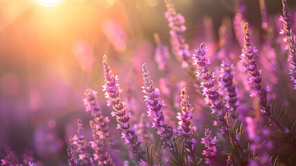 A field of bright purple heather in bloom, shot during the golden hour to enhance the natural colors with soft, warm lighting