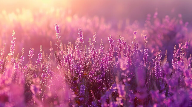 A field of bright purple heather in bloom, shot during the golden hour to enhance the natural colors with soft, warm lighting