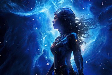 Obraz premium A female astronaut stands in awe before a vast expanse of stars in space. Generative AI