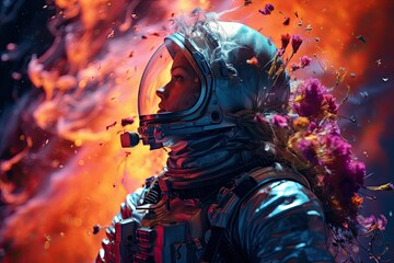 A woman wearing a space suit is standing in front of a blazing fire. Generative AI
