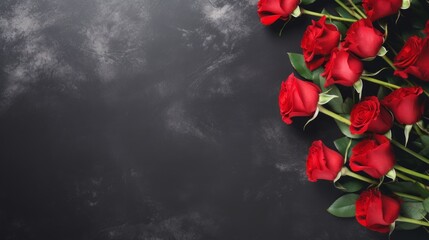 Red rose on a black background. Blooming flowes spring background banner - Bunch bouquet of red roses, on dark black concrete table, top view