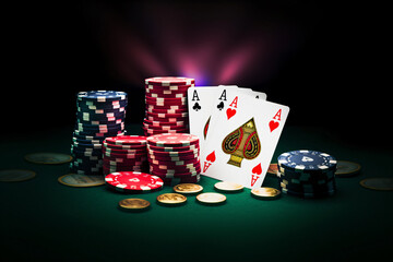 Poker chips, Casino cards game, Internet gambling concept, playing cards in on blurry background. Casino banner