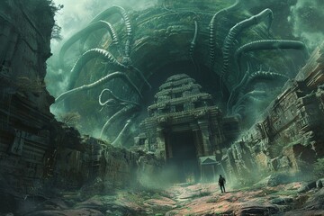 Gigantic centipedes encircling a forgotten temple, a living labyrinth - obrazy, fototapety, plakaty