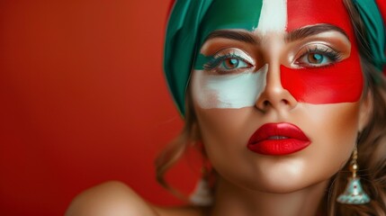 beautiful woman with face painted with the flag of Italy