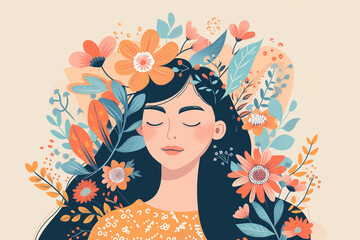 Happy young woman and flowers graphic design concept illustration. Feminist movement of women fighting for their rights. Hand draw illustrative style. International Women's Day. AI artwork. 
