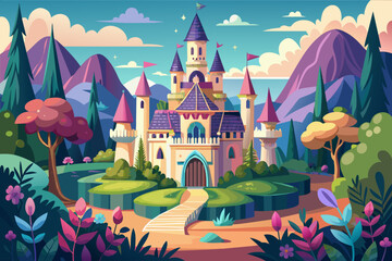 Whimsical fairy tale castle with towering spires and lush gardens Illustration
