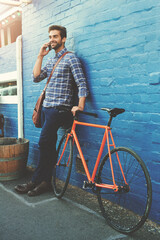 Bicycle, transport and businessman with phone call in city for eco friendly, travel or b2b...