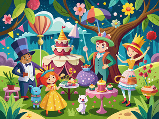 Whimsical garden birthday party with fanciful costumes and decorations Illustration