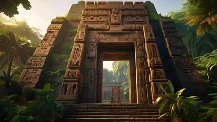 Foto op Canvas ai generated realistic beautiful egypt ancient temple hidden in a forest with intricate carvings and surrounded by dense foliage and magnificent ancient buildings © LordOttori