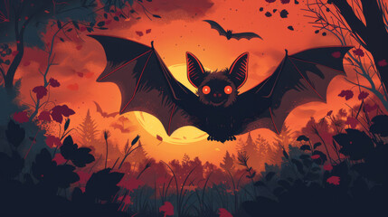 Illustration of a cute bat soaring against a vibrant twilight sky, evoking a whimsical, fantasy mood.