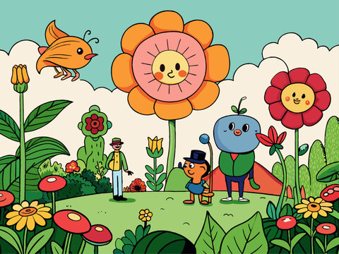 Whimsical garden filled with oversized flowers illustration