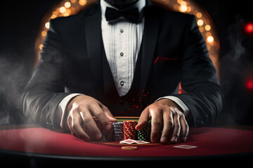 poker dealer, Croupier casino, gambling club, Gambling concept, holding cards, start game, risky gambling - obrazy, fototapety, plakaty