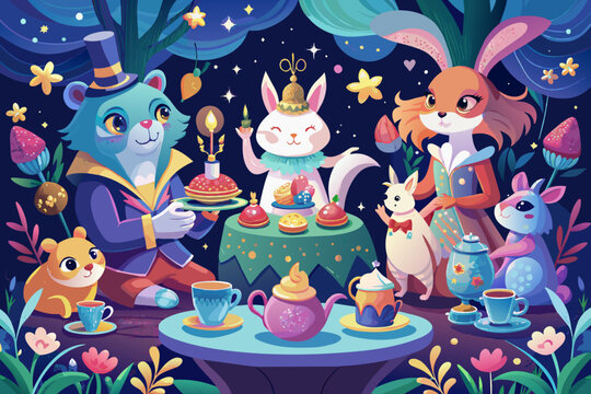 Whimsical tea party with talking animals and magical tea sets Illustration