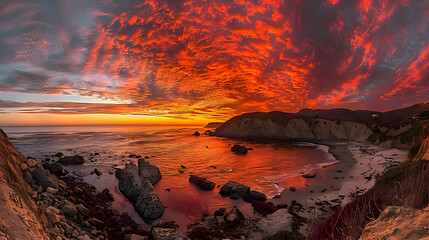 A fiery sunset over a rocky coastal line, HDR technique to balance the light and shadows and enhance the fiery colors of the sky