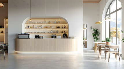 White cafe interior with reception counter