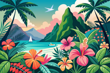 Exotic tropical hibiscus flowers in paradise Illustration - obrazy, fototapety, plakaty