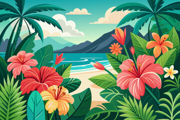 Exotic tropical hibiscus flowers in paradise Illustration