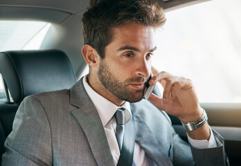 PR manager, phone call and car seat for audio conversation, professional communication or telecom...