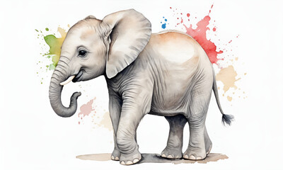 Elephant in profile painted with watercolors. White background. Spots of paint.