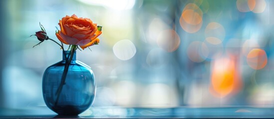 Contemporary interior blurred background holds a blue vase with an orange rose.