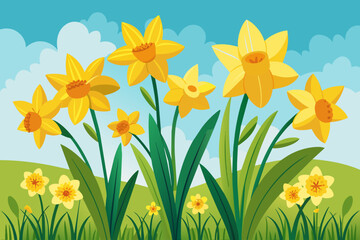 Playful yellow daffodils popping up in a meadow Illustration