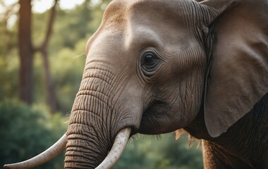 Closeup of African elephants face with ivory tusks in natural landscape