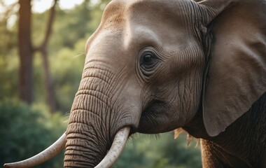 Fototapeta premium Closeup of African elephants face with ivory tusks in natural landscape