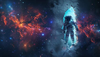 The Portal to the Cosmos: An Astronaut Steps Through a Torn White Wall into a Galactic Universe .