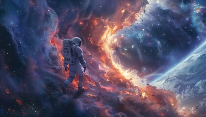 Through the Veil of Reality: An Astronaut's Entry Into a Dazzling Galactic Realm via a Torn Veil