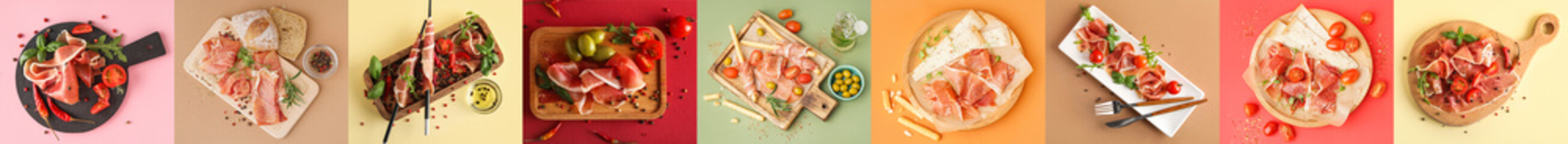 Collage of tasty Italian prosciutto on color background, top view