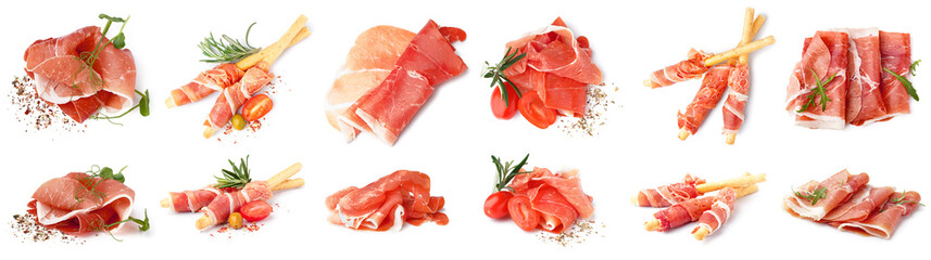Collection of tasty Italian prosciutto on white background