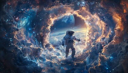 Through the Veil of Reality: An Astronaut's Entry Into a Dazzling Galactic Realm via a Torn Veil - obrazy, fototapety, plakaty