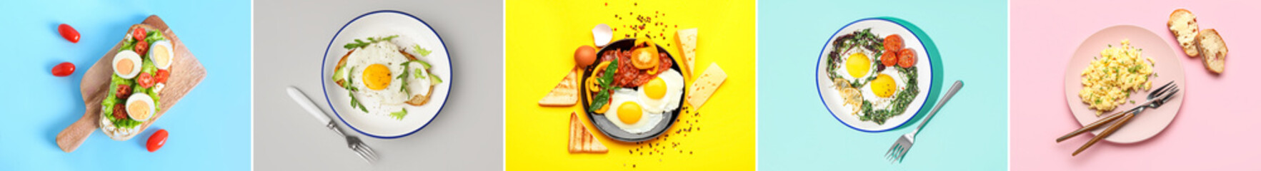 Collage of tasty egg dishes on color background, top view