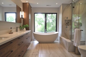 Fototapeta na wymiar Contemporary bathroom, clean lines, freestanding tub, minimal fixtures