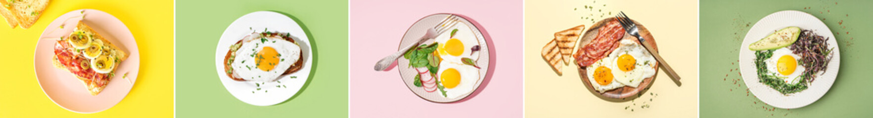 Set of tasty egg dishes on color background, top view