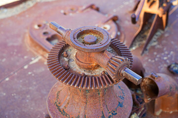 Rusty shipwreck lying on the seabed of the dried-up Aral Sea in Moynaq (or Muynak), a former...