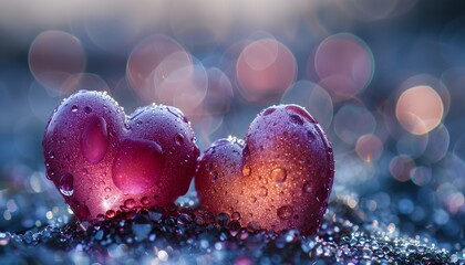 Whispers of Love: Sparkling Pink Hearts Surrounded by Glitter and Dew Against a Magical Bokeh Ambiance