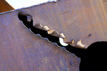 Rusty shipwreck lying on the seabed of the dried-up Aral Sea in Moynaq (or Muynak), a former...