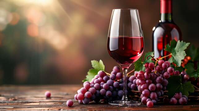 A glass of red wine is on a table with a bunch of grapes